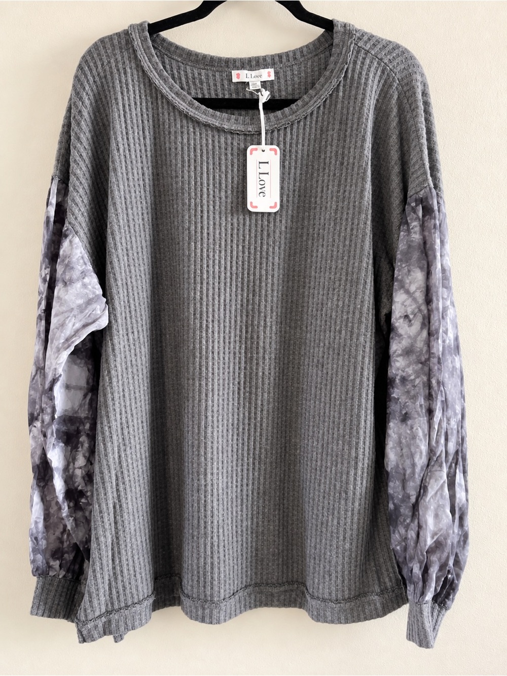 Love Gray Ribbed Crewneck top with Marble-Print Balloon Sleeves